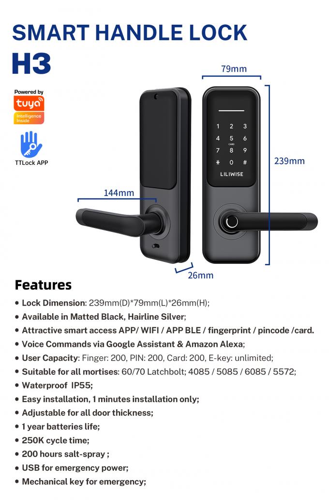 قفل هوشمند اثر انگشت Ttlock با امنیت بالا Tuya WIFI BLE قفل هوشمند دیجیتال درب 3